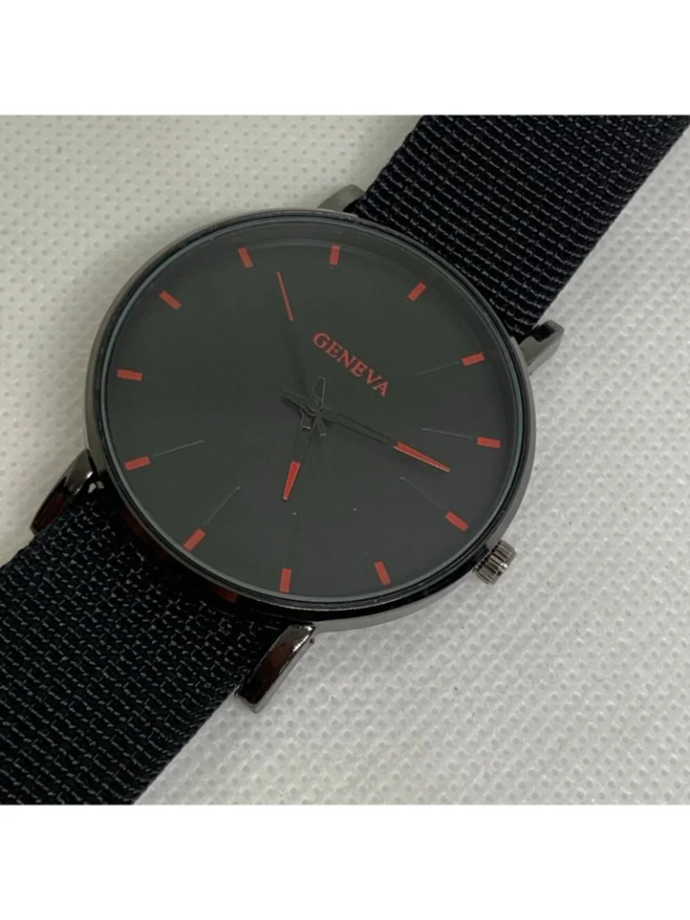 Geneva men’s black tone watch 40mm round case quartz analog nylon band running